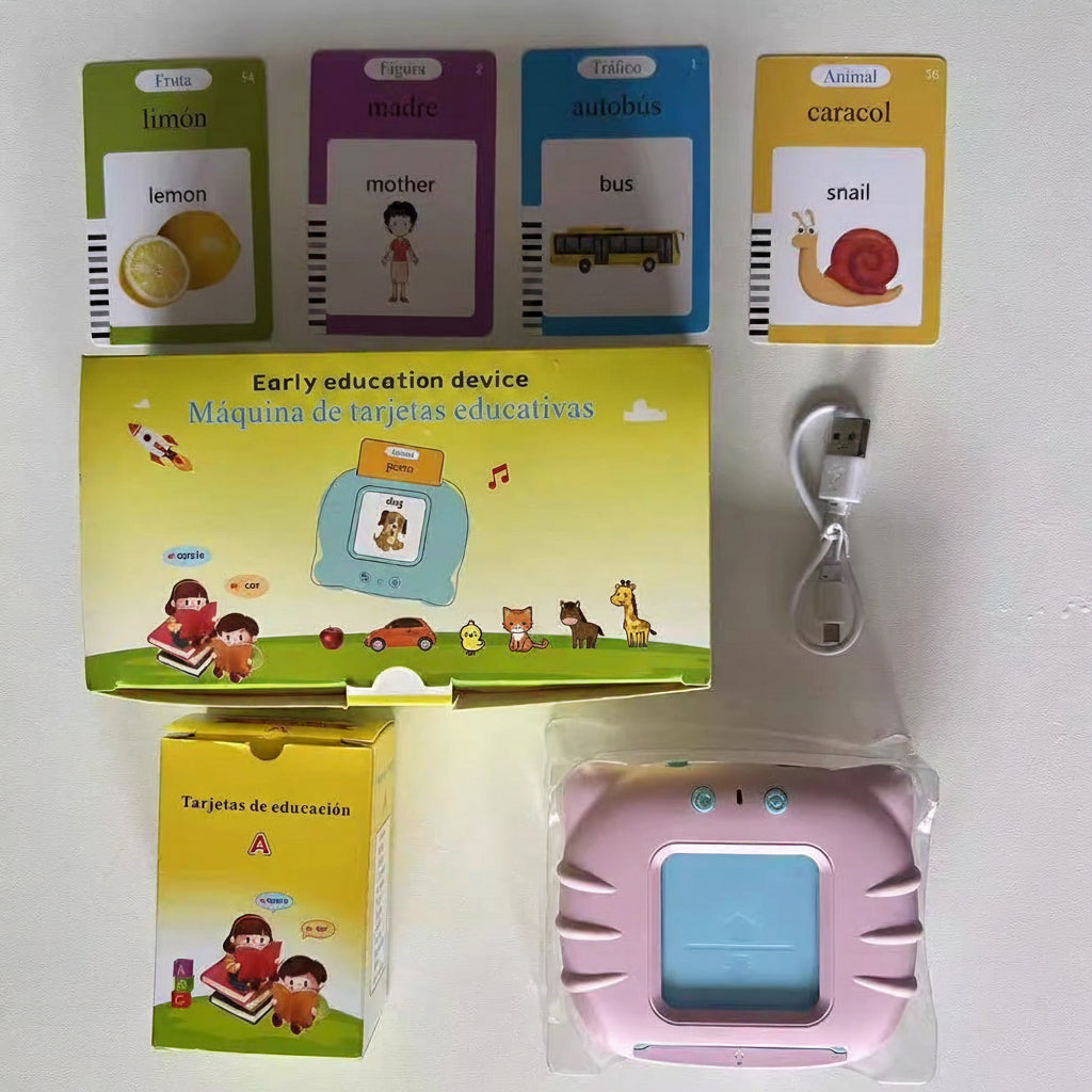 Educational device with Spanish bilingual cards and USB cable on a white background