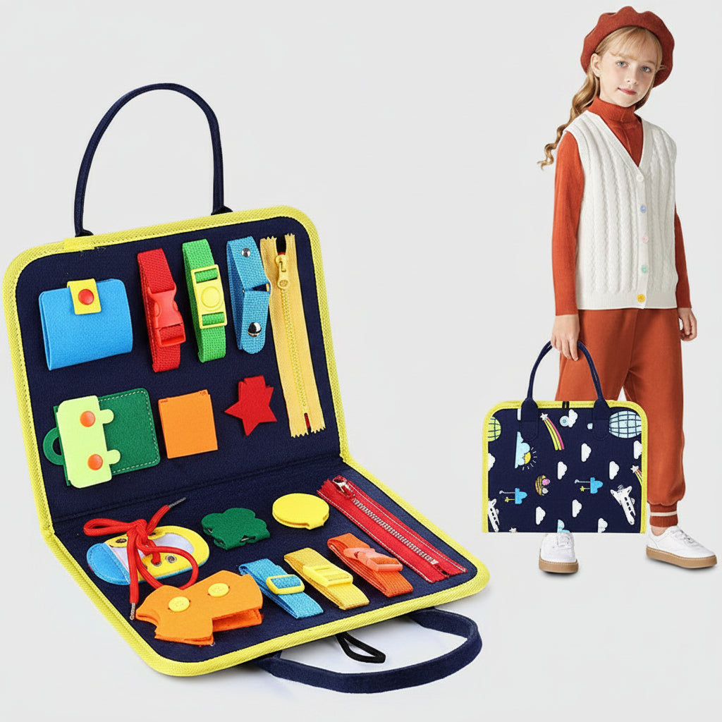 Colorful educational toy set in a carrying case with a child holding another similar case.