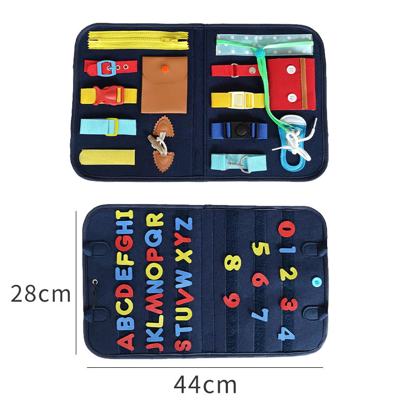 Children's educational tool with compartments and alphabet/number labels, shown with dimensions.