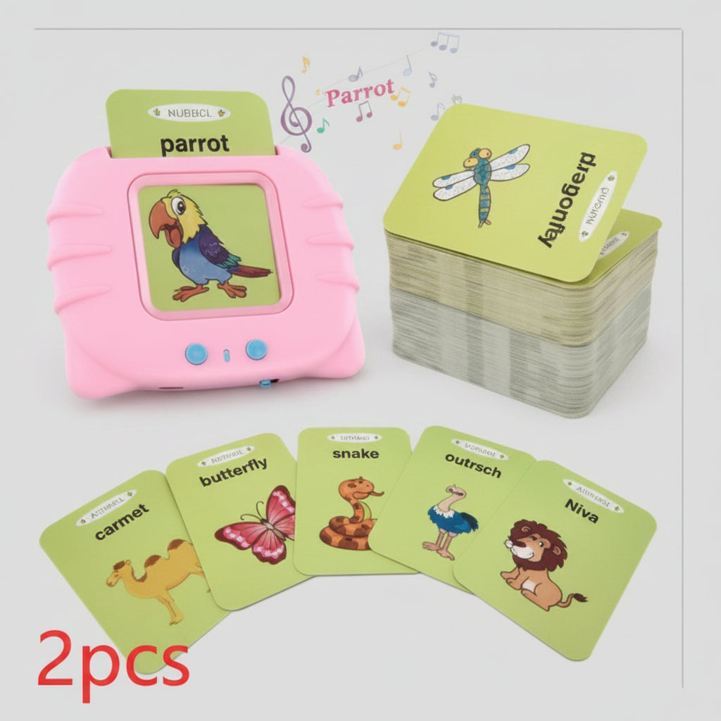 Children's educational cards with animal illustrations and text on a white background
