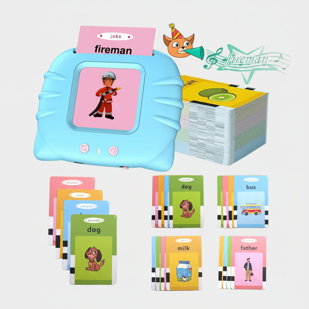 Educational toy set with flashcards and a learning device on a white background