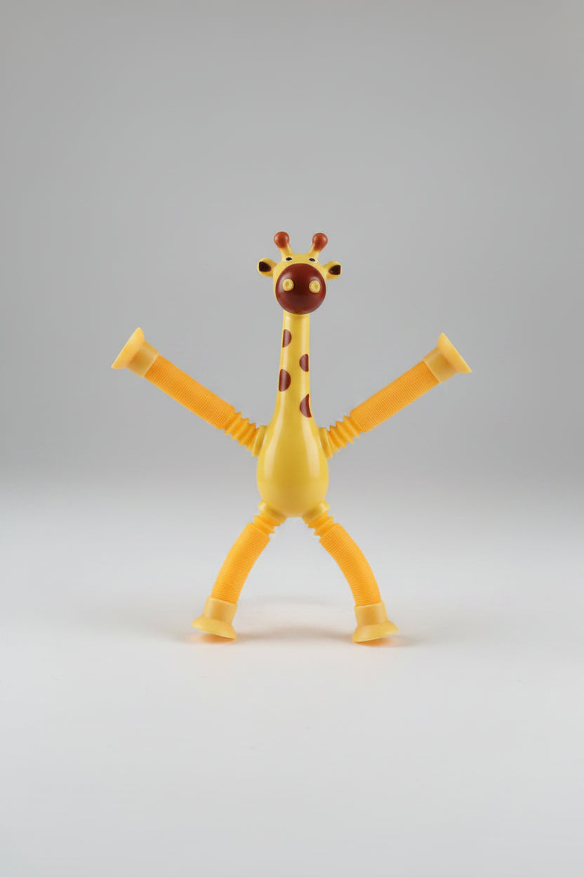 Toy giraffe with a red string held by a hand against a plain background